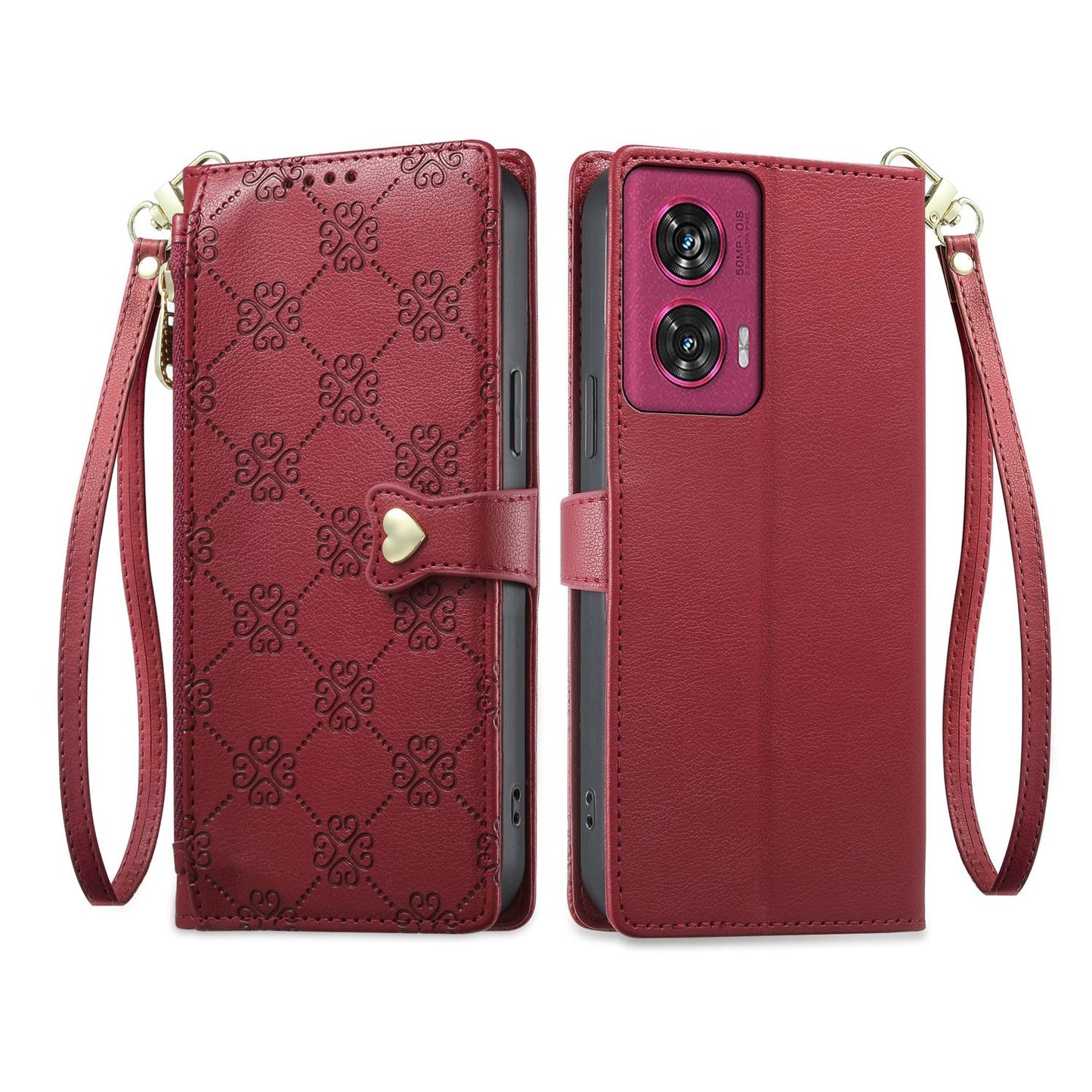 For Motorola Edge 50 Fusion Zipper Wallet Heart Buckle Vegan Leather Phone Case with Wrist Strap(Red)