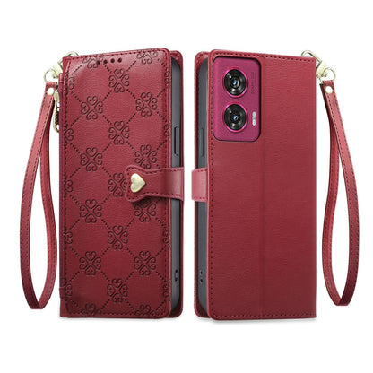 For Motorola Edge 50 Fusion Zipper Wallet Heart Buckle Vegan Leather Phone Case with Wrist Strap(Red)