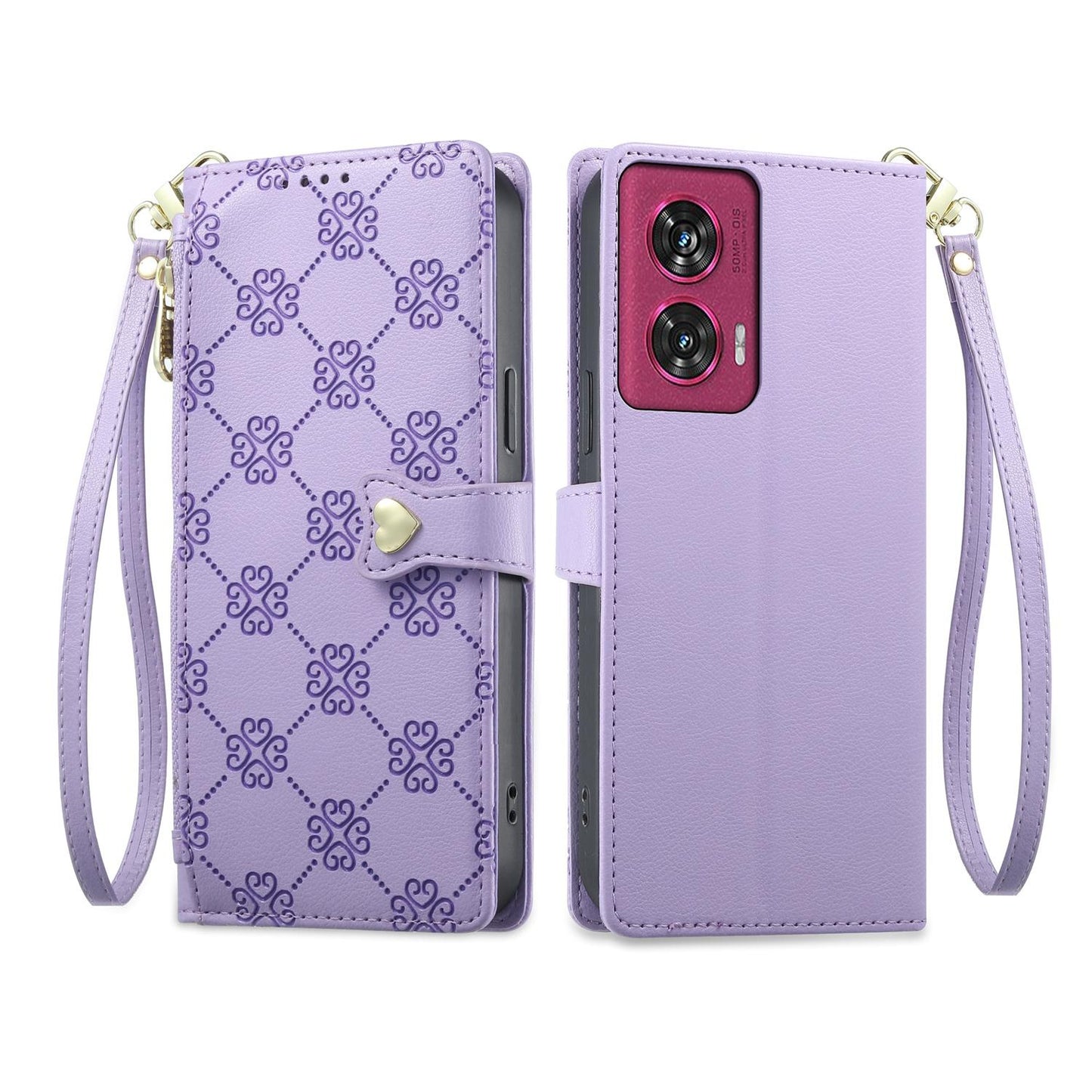 For Motorola Edge 50 Fusion Zipper Wallet Heart Buckle Vegan Leather Phone Case with Wrist Strap(Purple)