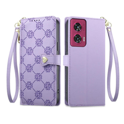 For Motorola Edge 50 Fusion Zipper Wallet Heart Buckle Vegan Leather Phone Case with Wrist Strap(Purple)