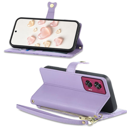 For Motorola Edge 50 Fusion Zipper Wallet Heart Buckle Vegan Leather Phone Case with Wrist Strap(Purple)
