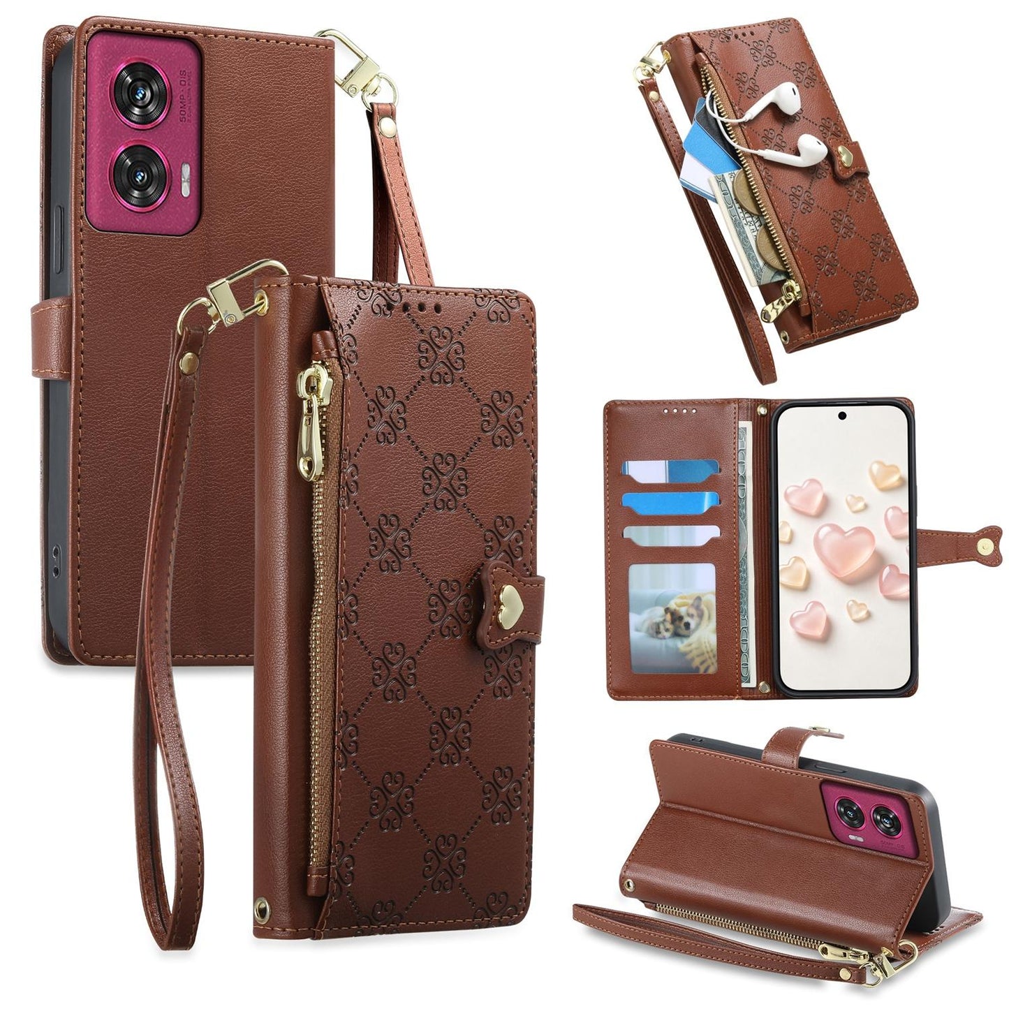 For Motorola Edge 50 Fusion Zipper Wallet Heart Buckle Vegan Leather Phone Case with Wrist Strap(Brown)