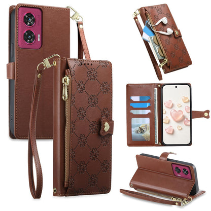 For Motorola Edge 50 Fusion Zipper Wallet Heart Buckle Vegan Leather Phone Case with Wrist Strap(Brown)