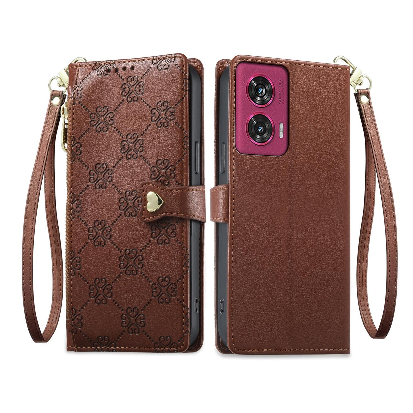 For Motorola Edge 50 Fusion Zipper Wallet Heart Buckle Vegan Leather Phone Case with Wrist Strap(Brown)