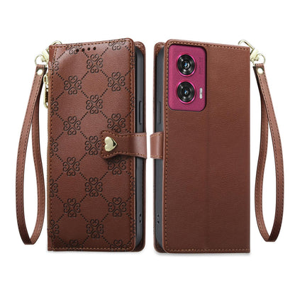 For Motorola Edge 50 Fusion Zipper Wallet Heart Buckle Vegan Leather Phone Case with Wrist Strap(Brown)