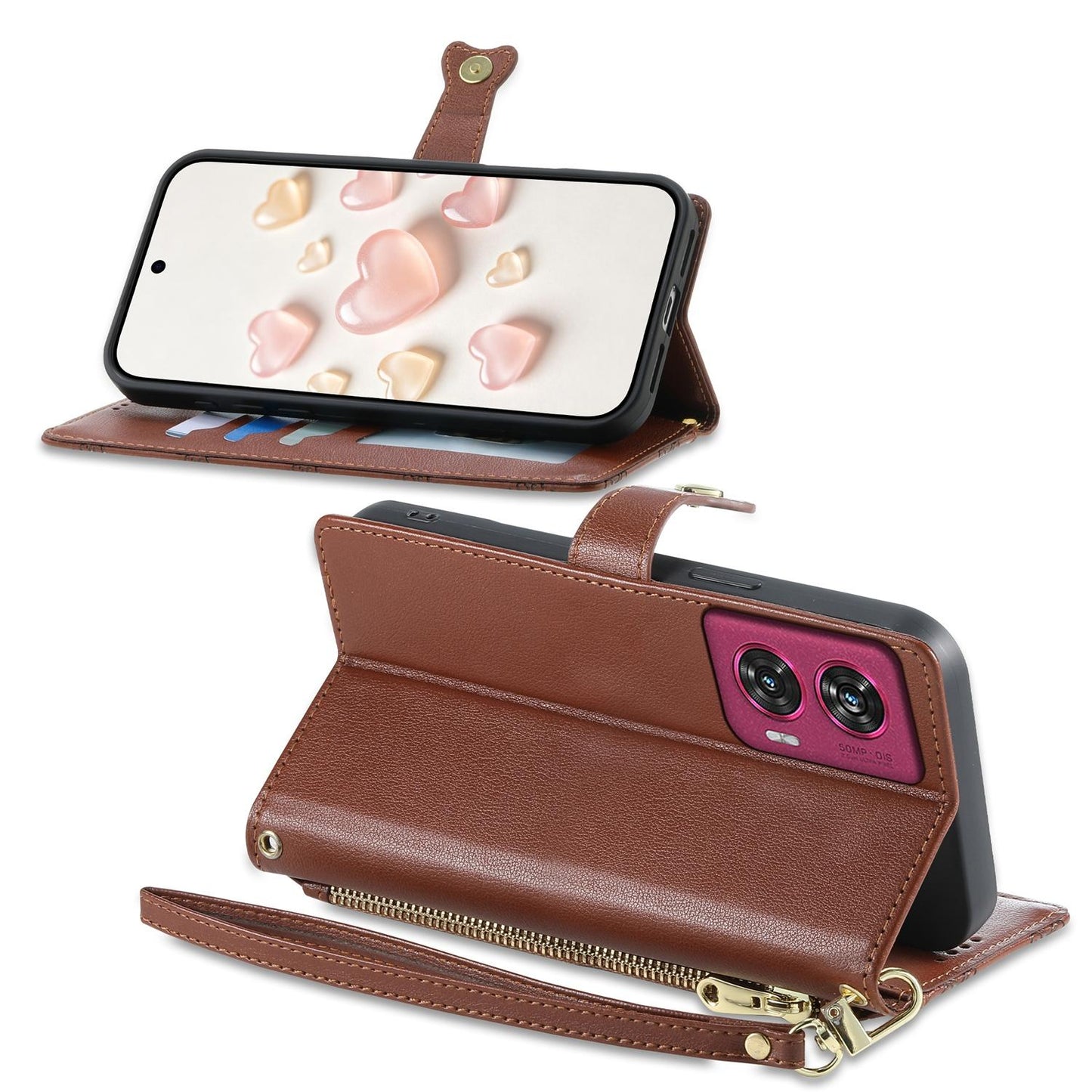 For Motorola Edge 50 Fusion Zipper Wallet Heart Buckle Vegan Leather Phone Case with Wrist Strap(Brown)