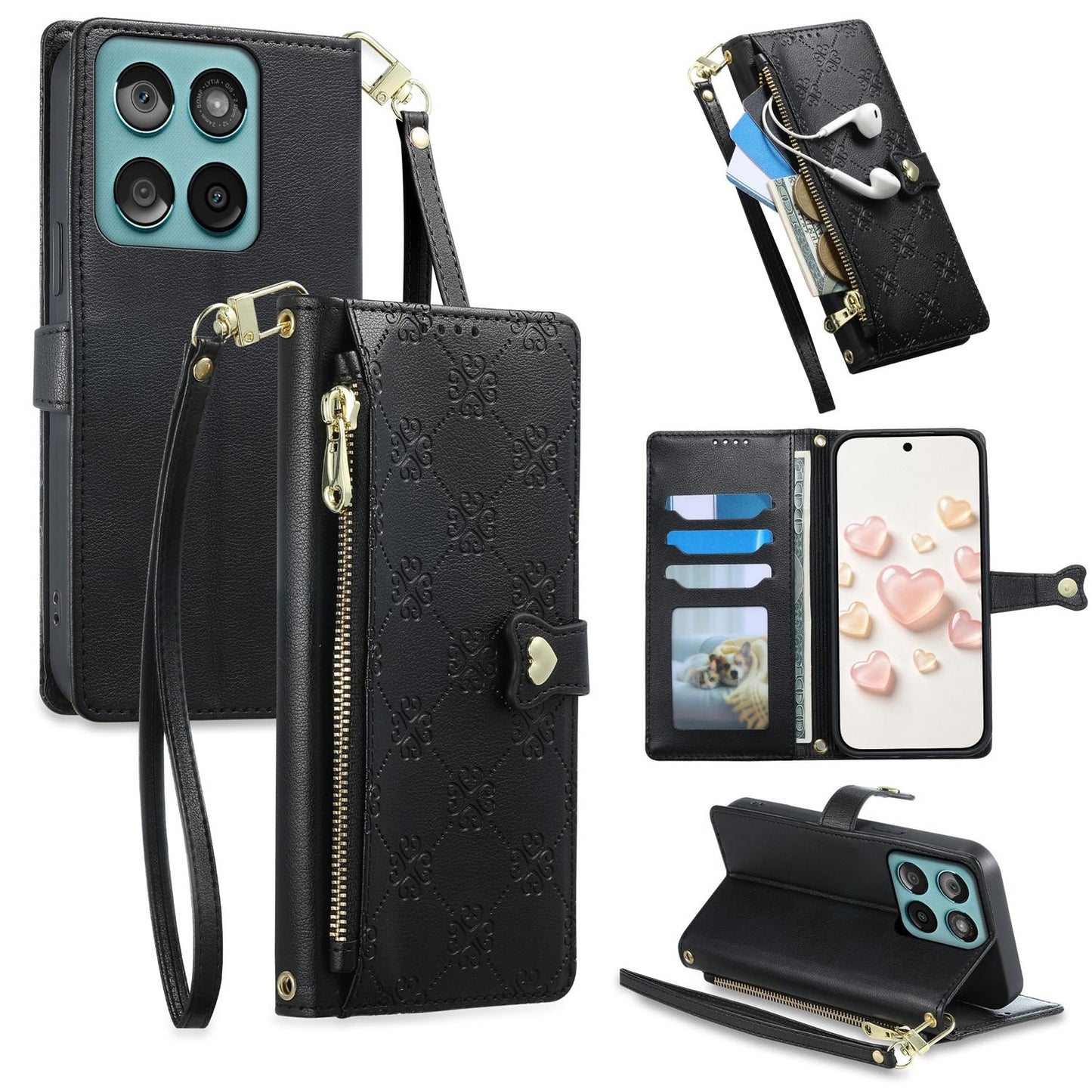 For Motorola Edge 60 / Edge 60 Fusion Zipper Wallet Heart Buckle Vegan Leather Phone Case with Wrist Strap(Black)