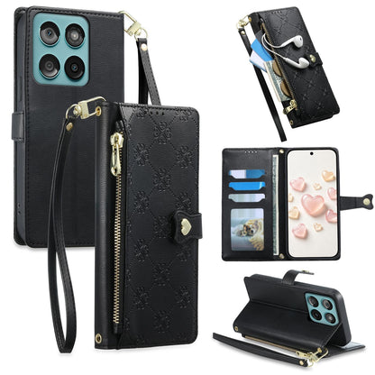 For Motorola Edge 60 / Edge 60 Fusion Zipper Wallet Heart Buckle Vegan Leather Phone Case with Wrist Strap(Black)