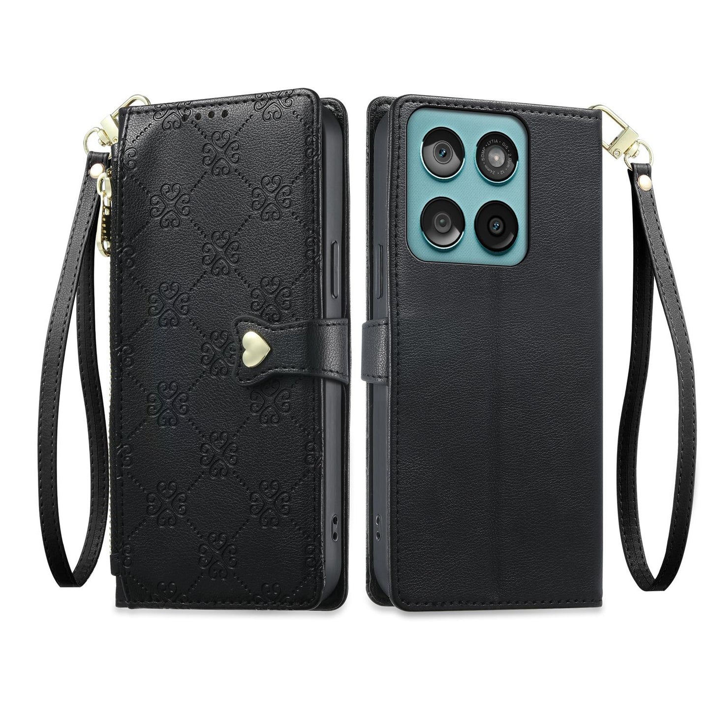 For Motorola Edge 60 / Edge 60 Fusion Zipper Wallet Heart Buckle Vegan Leather Phone Case with Wrist Strap(Black)