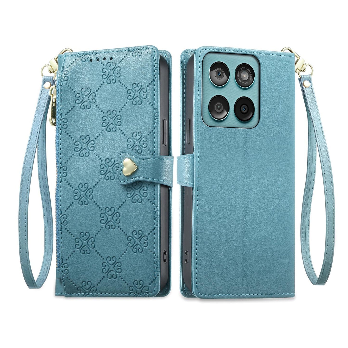 For Motorola Edge 60 / Edge 60 Fusion Zipper Wallet Heart Buckle Vegan Leather Phone Case with Wrist Strap(Lake Blue)