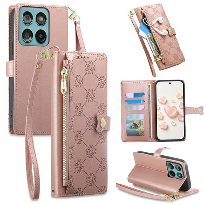 For Motorola Edge 60 / Edge 60 Fusion Zipper Wallet Heart Buckle Vegan Leather Phone Case with Wrist Strap(Pink)