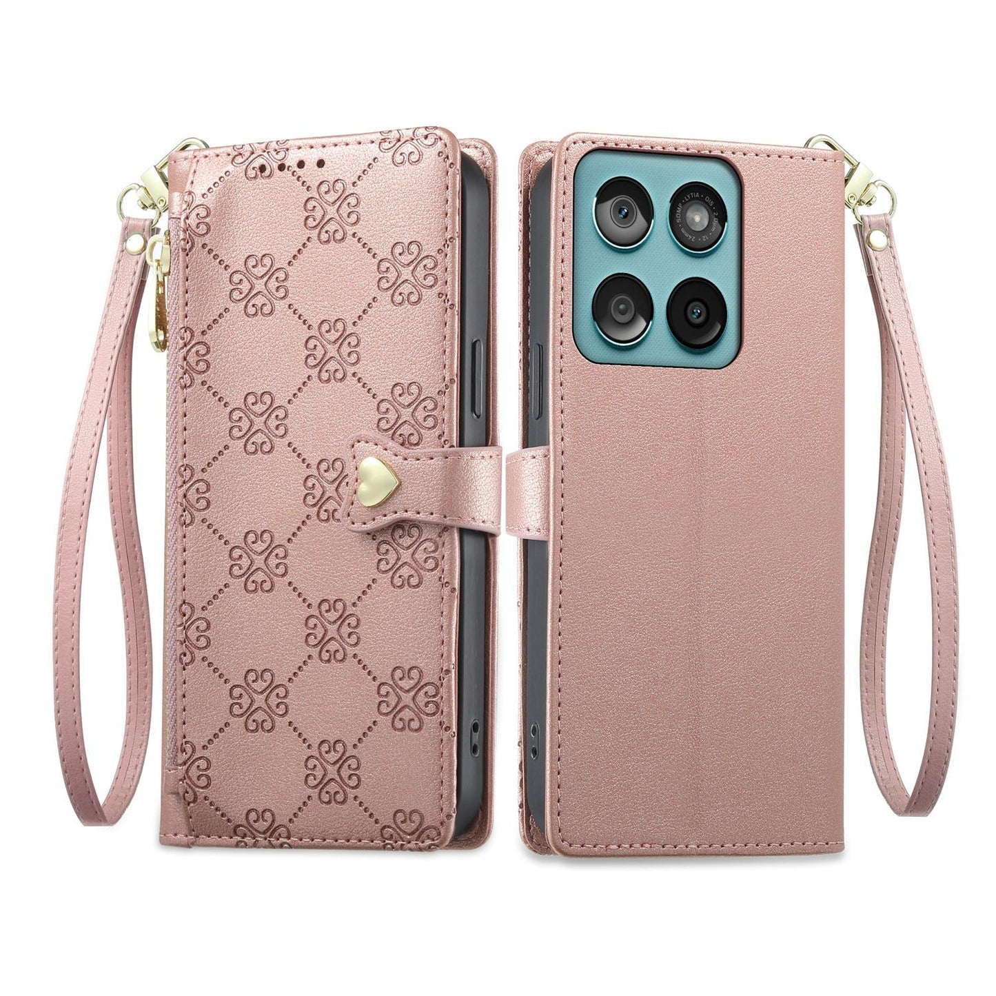For Motorola Edge 60 / Edge 60 Fusion Zipper Wallet Heart Buckle Vegan Leather Phone Case with Wrist Strap(Pink)