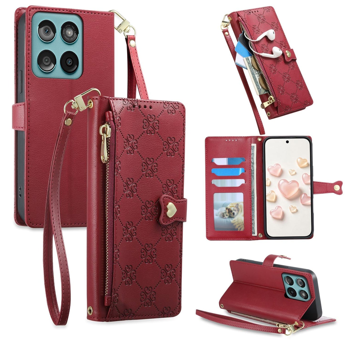 For Motorola Edge 60 / Edge 60 Fusion Zipper Wallet Heart Buckle Vegan Leather Phone Case with Wrist Strap(Red)