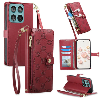 For Motorola Edge 60 / Edge 60 Fusion Zipper Wallet Heart Buckle Vegan Leather Phone Case with Wrist Strap(Red)