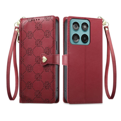 For Motorola Edge 60 / Edge 60 Fusion Zipper Wallet Heart Buckle Vegan Leather Phone Case with Wrist Strap(Red)