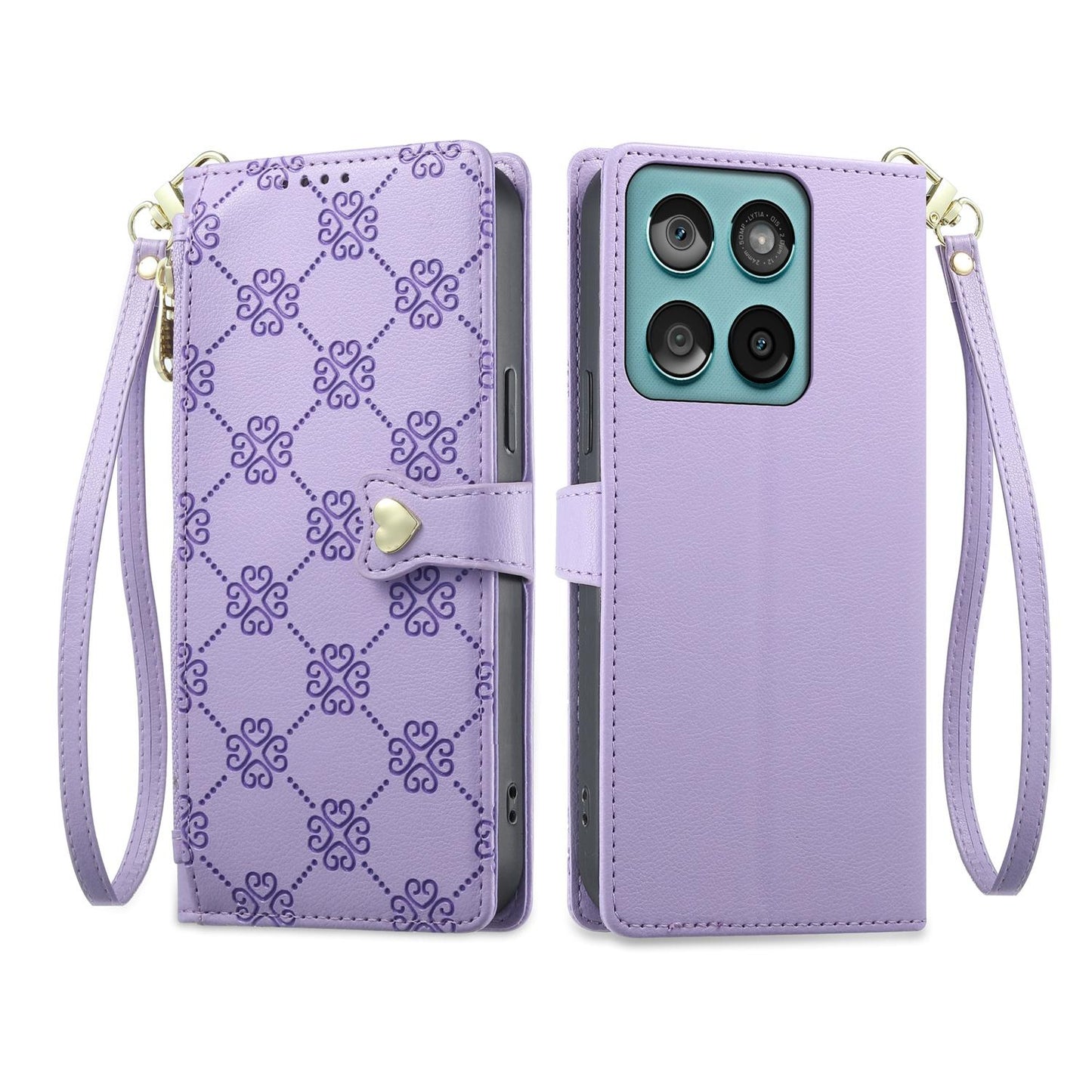 For Motorola Edge 60 / Edge 60 Fusion Zipper Wallet Heart Buckle Vegan Leather Phone Case with Wrist Strap(Purple)