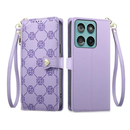 For Motorola Edge 60 / Edge 60 Fusion Zipper Wallet Heart Buckle Vegan Leather Phone Case with Wrist Strap(Purple)