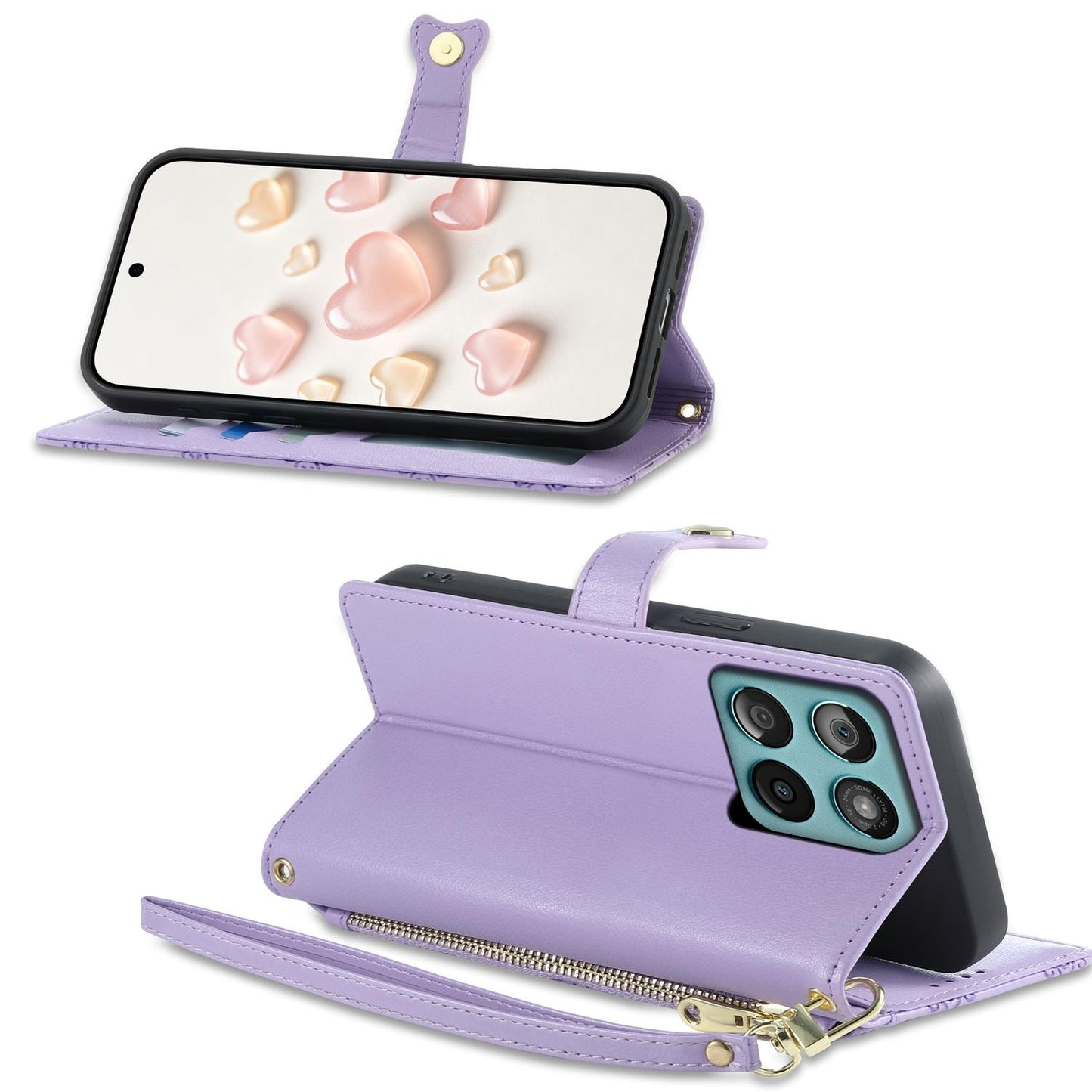 For Motorola Edge 60 / Edge 60 Fusion Zipper Wallet Heart Buckle Vegan Leather Phone Case with Wrist Strap(Purple)