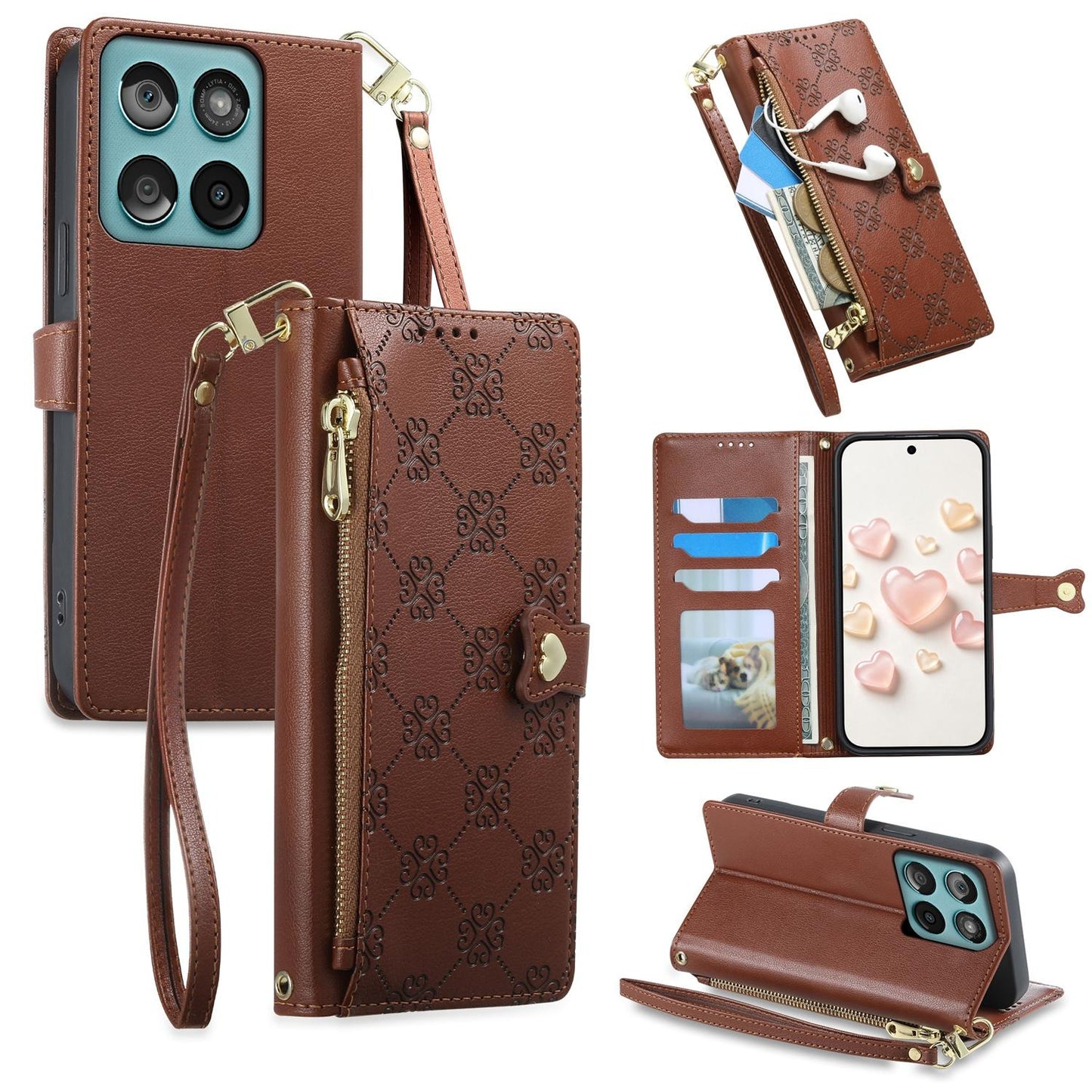 For Motorola Edge 60 / Edge 60 Fusion Zipper Wallet Heart Buckle Vegan Leather Phone Case with Wrist Strap(Brown)