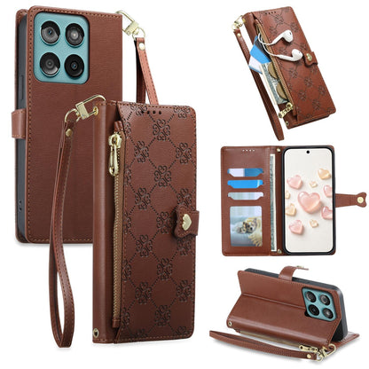 For Motorola Edge 60 / Edge 60 Fusion Zipper Wallet Heart Buckle Vegan Leather Phone Case with Wrist Strap(Brown)