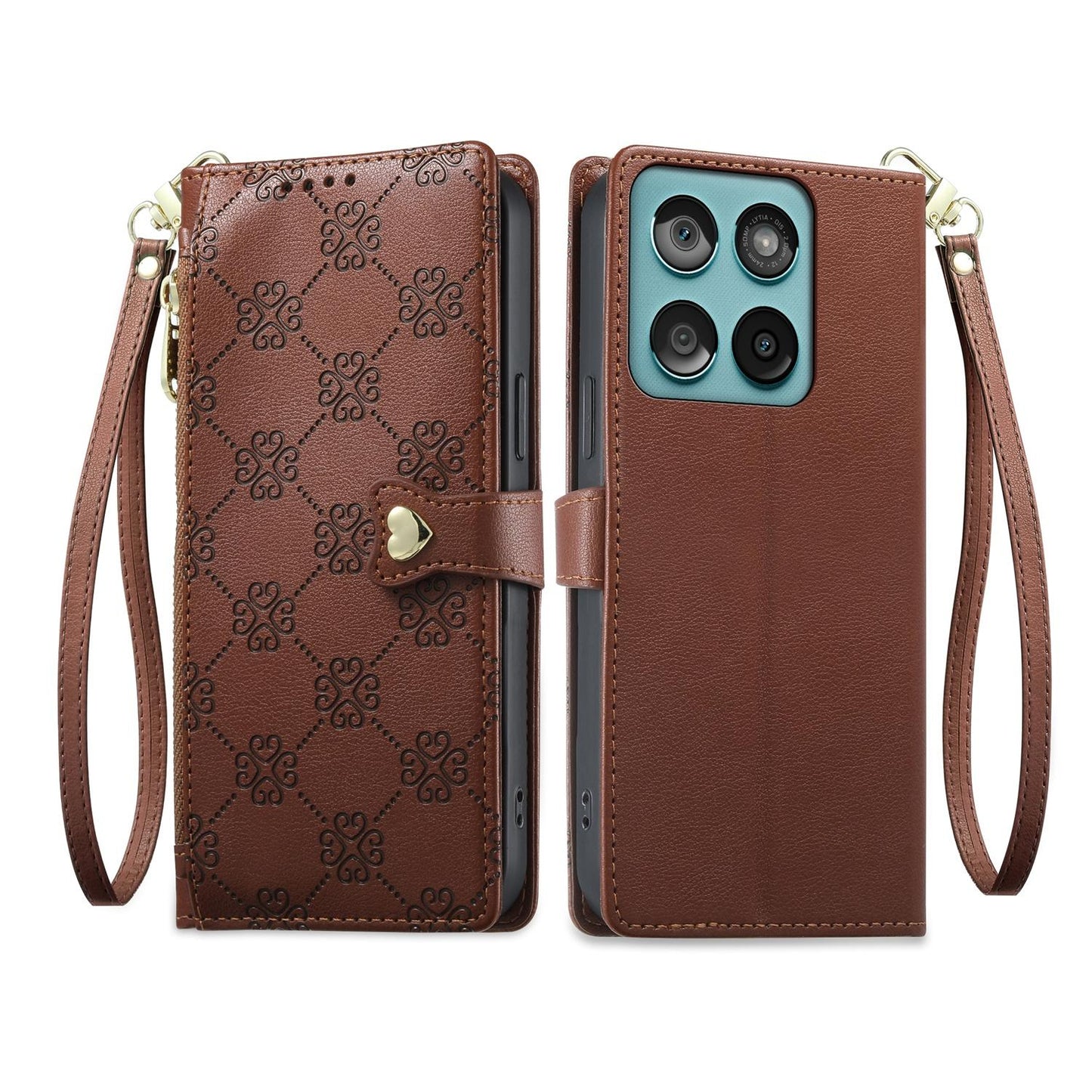 For Motorola Edge 60 / Edge 60 Fusion Zipper Wallet Heart Buckle Vegan Leather Phone Case with Wrist Strap(Brown)