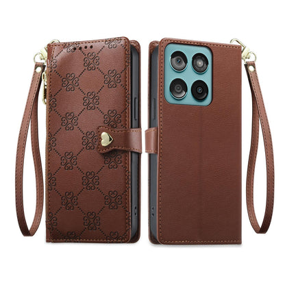 For Motorola Edge 60 / Edge 60 Fusion Zipper Wallet Heart Buckle Vegan Leather Phone Case with Wrist Strap(Brown)