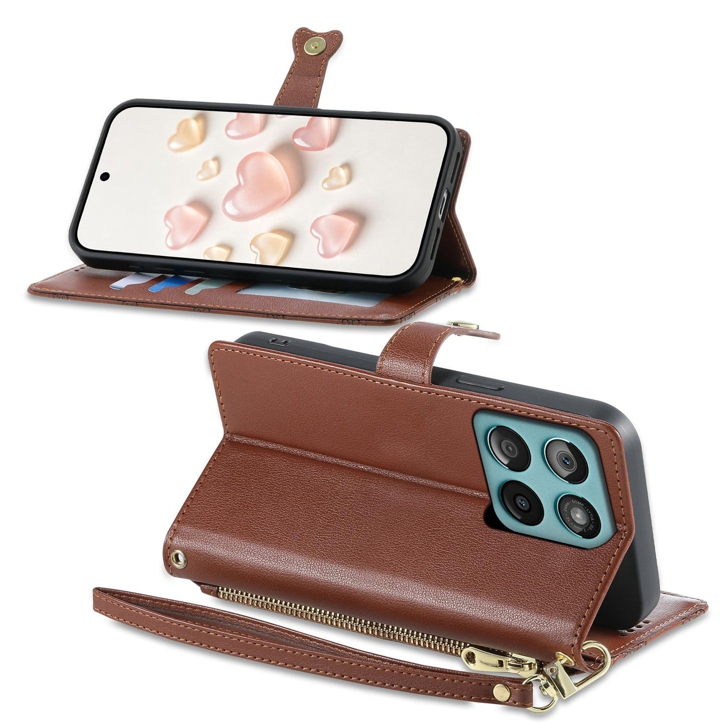 For Motorola Edge 60 / Edge 60 Fusion Zipper Wallet Heart Buckle Vegan Leather Phone Case with Wrist Strap(Brown)