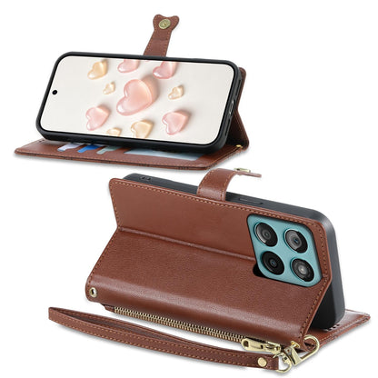 For Motorola Edge 60 / Edge 60 Fusion Zipper Wallet Heart Buckle Vegan Leather Phone Case with Wrist Strap(Brown)