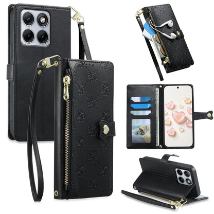 For Motorola Edge 70 Fusion / Edge 70 Fusion+ Zipper Wallet Heart Buckle Vegan Leather Phone Case with Wrist Strap(Black)