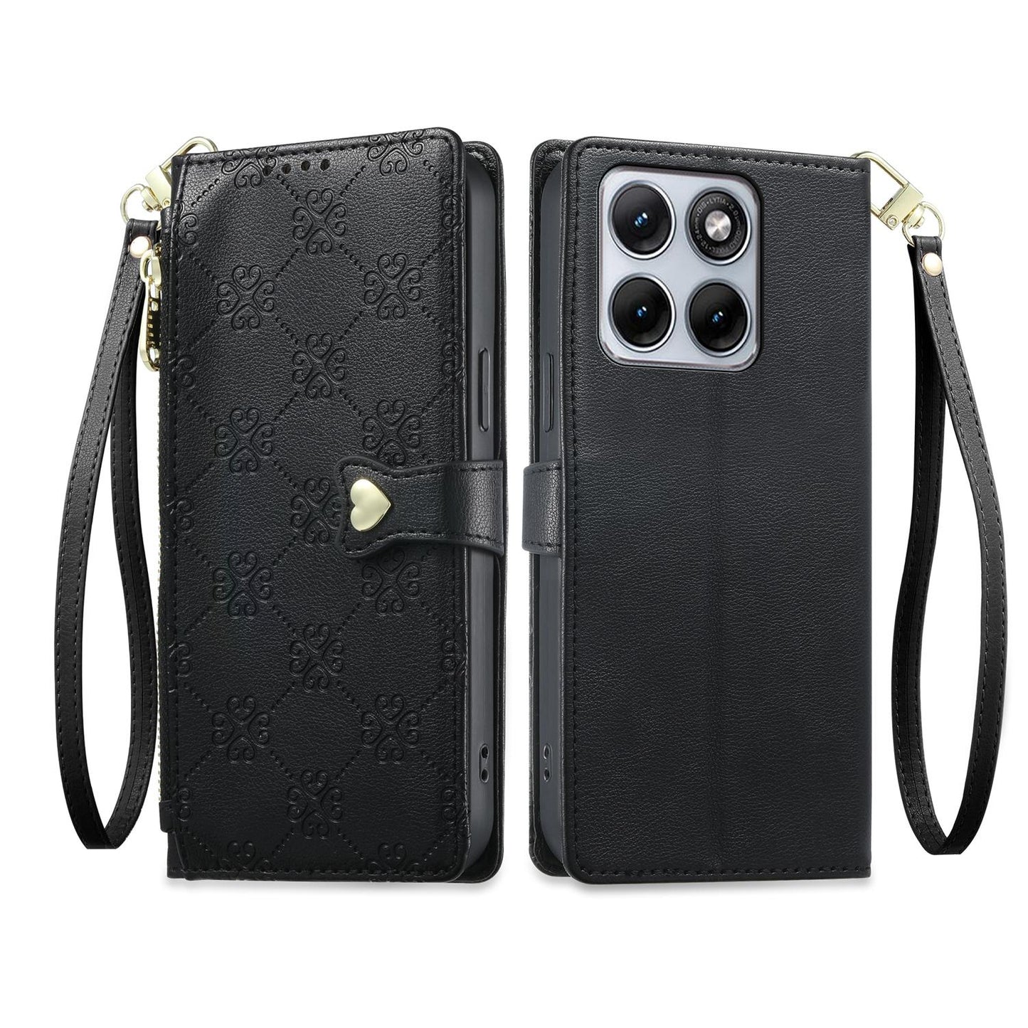 For Motorola Edge 70 Fusion / Edge 70 Fusion+ Zipper Wallet Heart Buckle Vegan Leather Phone Case with Wrist Strap(Black)