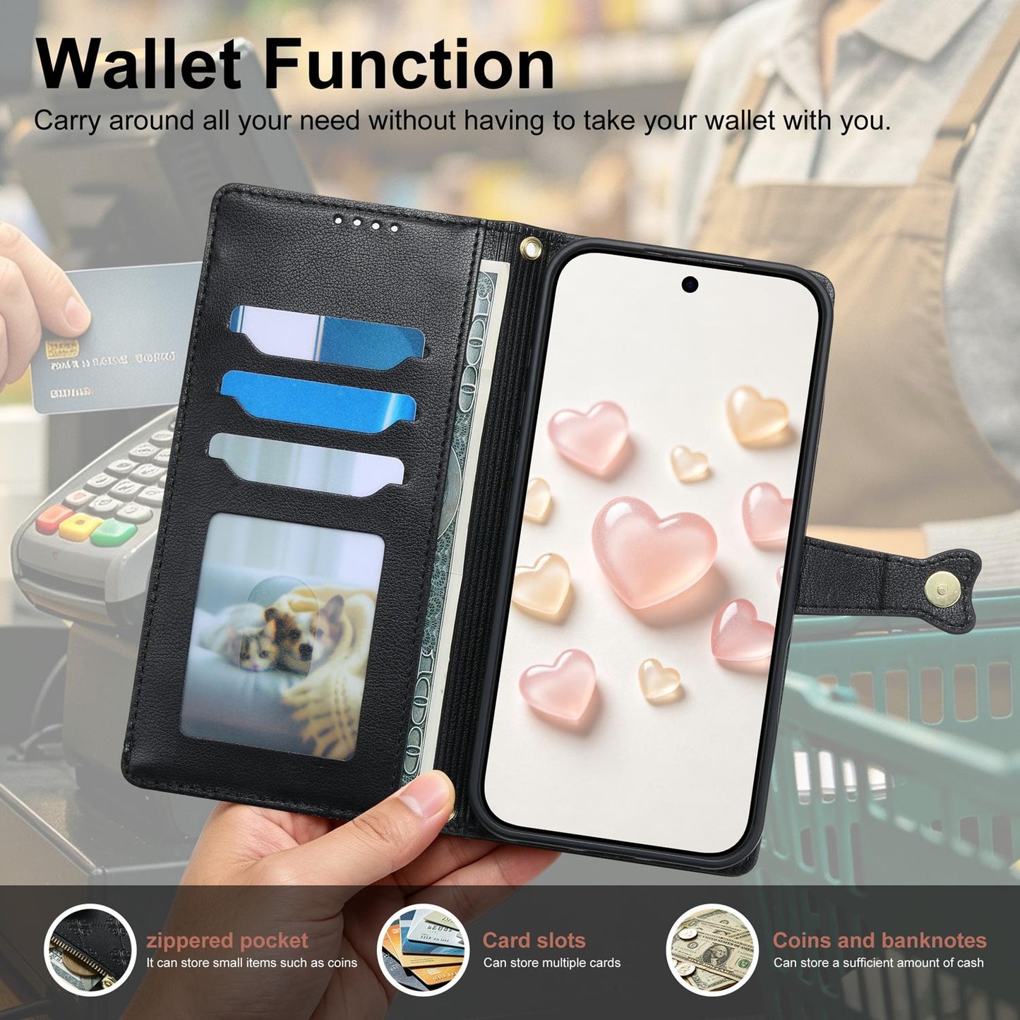 For Motorola Edge 70 Fusion / Edge 70 Fusion+ Zipper Wallet Heart Buckle Vegan Leather Phone Case with Wrist Strap(Black)