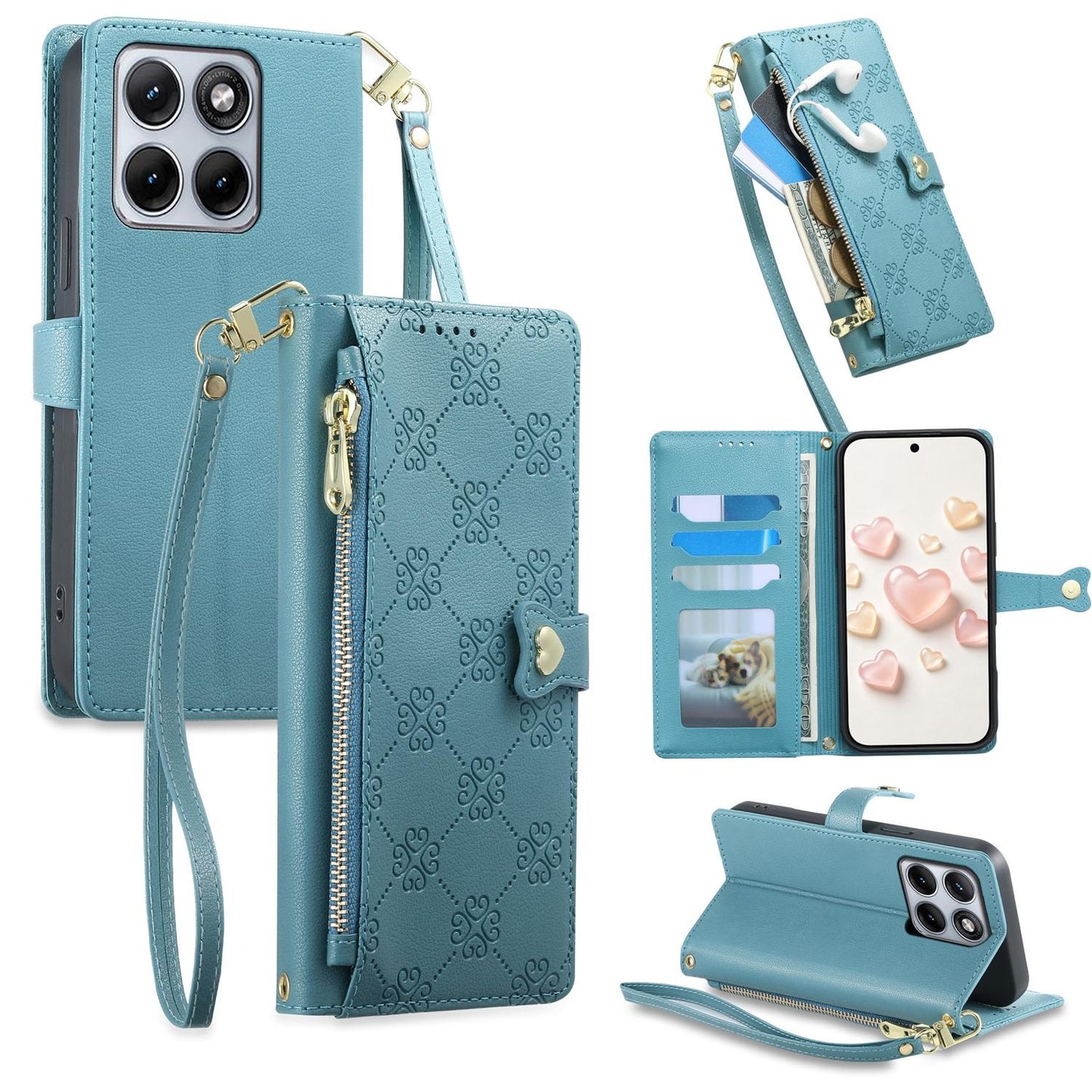 For Motorola Edge 70 Fusion / Edge 70 Fusion+ Zipper Wallet Heart Buckle Vegan Leather Phone Case with Wrist Strap(Lake Blue)