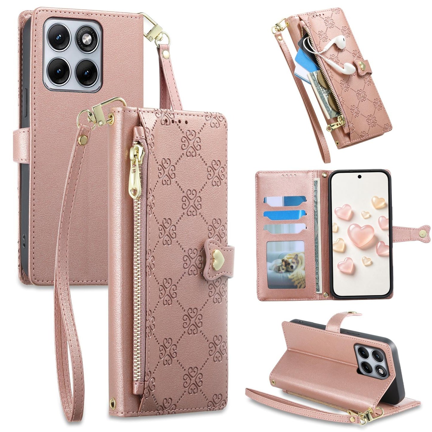 For Motorola Edge 70 Fusion / Edge 70 Fusion+ Zipper Wallet Heart Buckle Vegan Leather Phone Case with Wrist Strap(Pink)