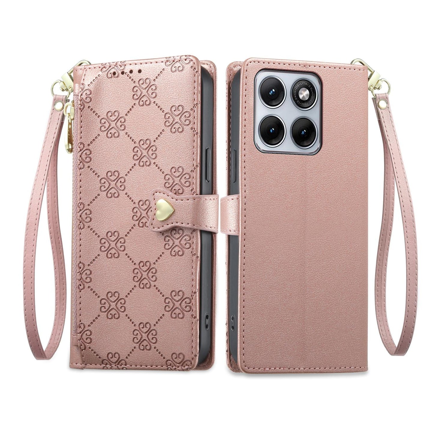 For Motorola Edge 70 Fusion / Edge 70 Fusion+ Zipper Wallet Heart Buckle Vegan Leather Phone Case with Wrist Strap(Pink)