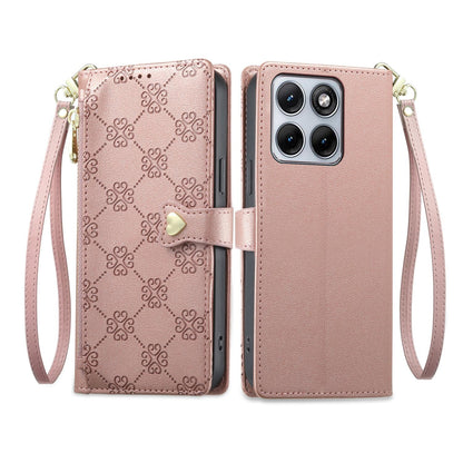 For Motorola Edge 70 Fusion / Edge 70 Fusion+ Zipper Wallet Heart Buckle Vegan Leather Phone Case with Wrist Strap(Pink)