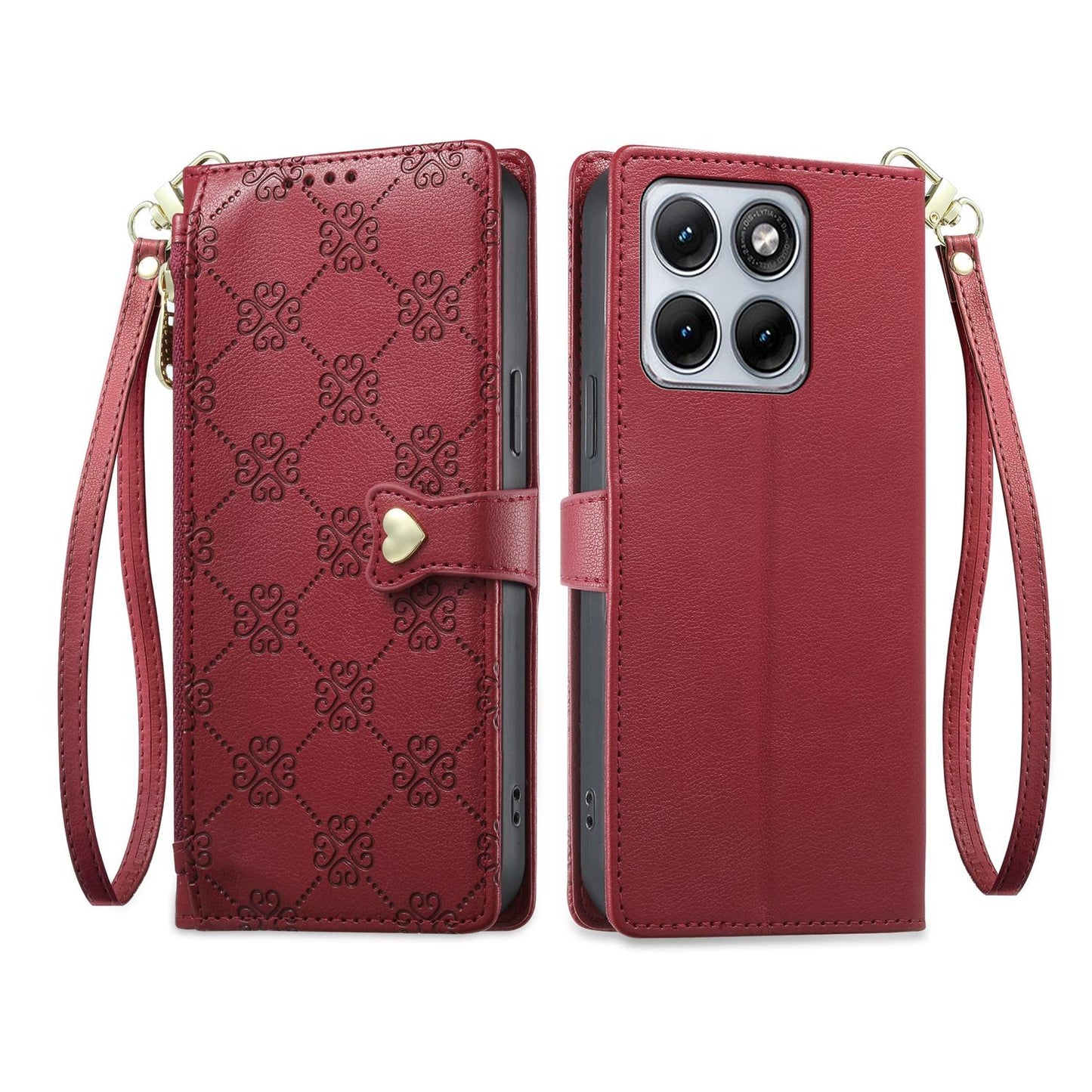 For Motorola Edge 70 Fusion / Edge 70 Fusion+ Zipper Wallet Heart Buckle Vegan Leather Phone Case with Wrist Strap(Red)