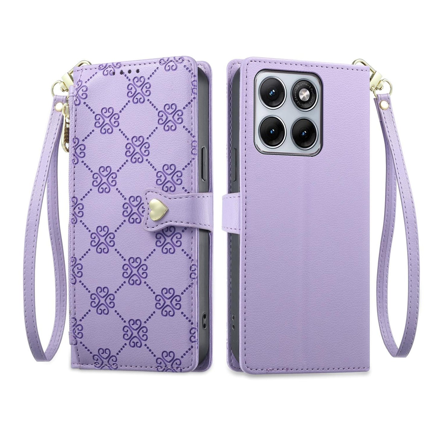 For Motorola Edge 70 Fusion / Edge 70 Fusion+ Zipper Wallet Heart Buckle Vegan Leather Phone Case with Wrist Strap(Purple)