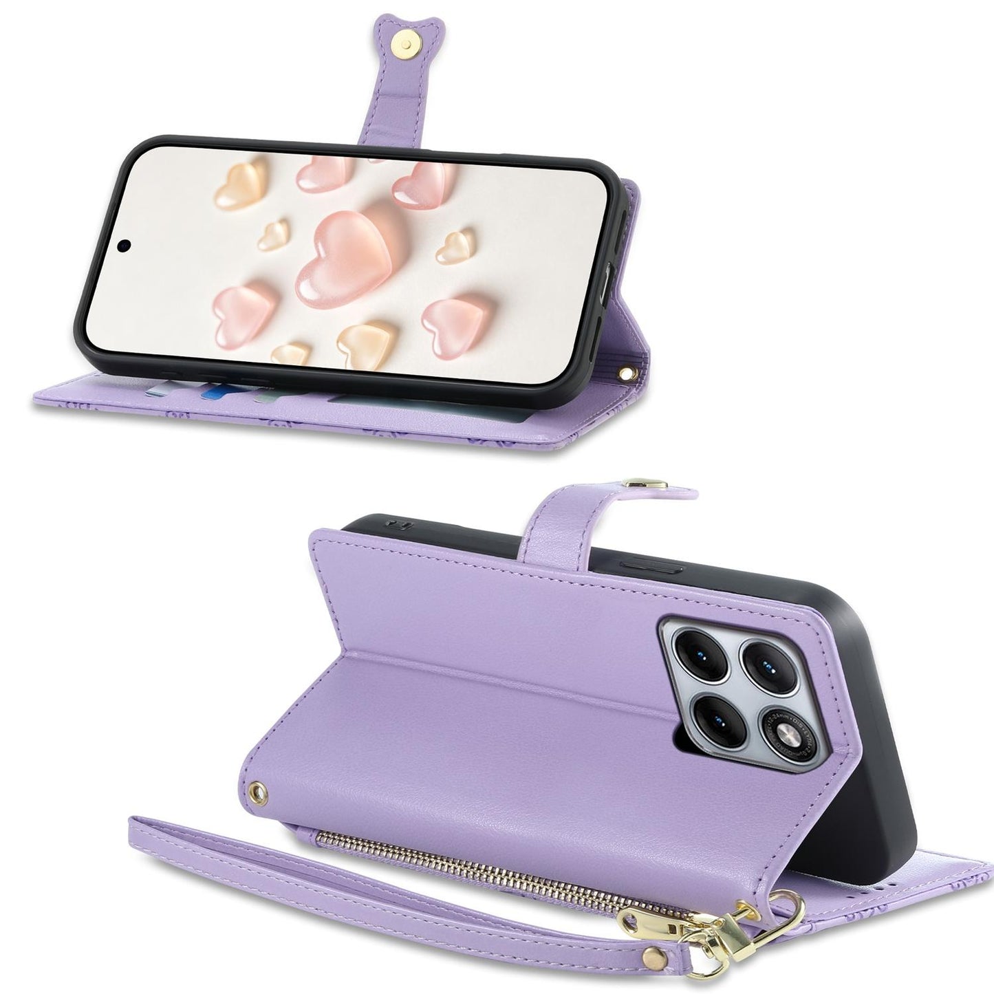 For Motorola Edge 70 Fusion / Edge 70 Fusion+ Zipper Wallet Heart Buckle Vegan Leather Phone Case with Wrist Strap(Purple)