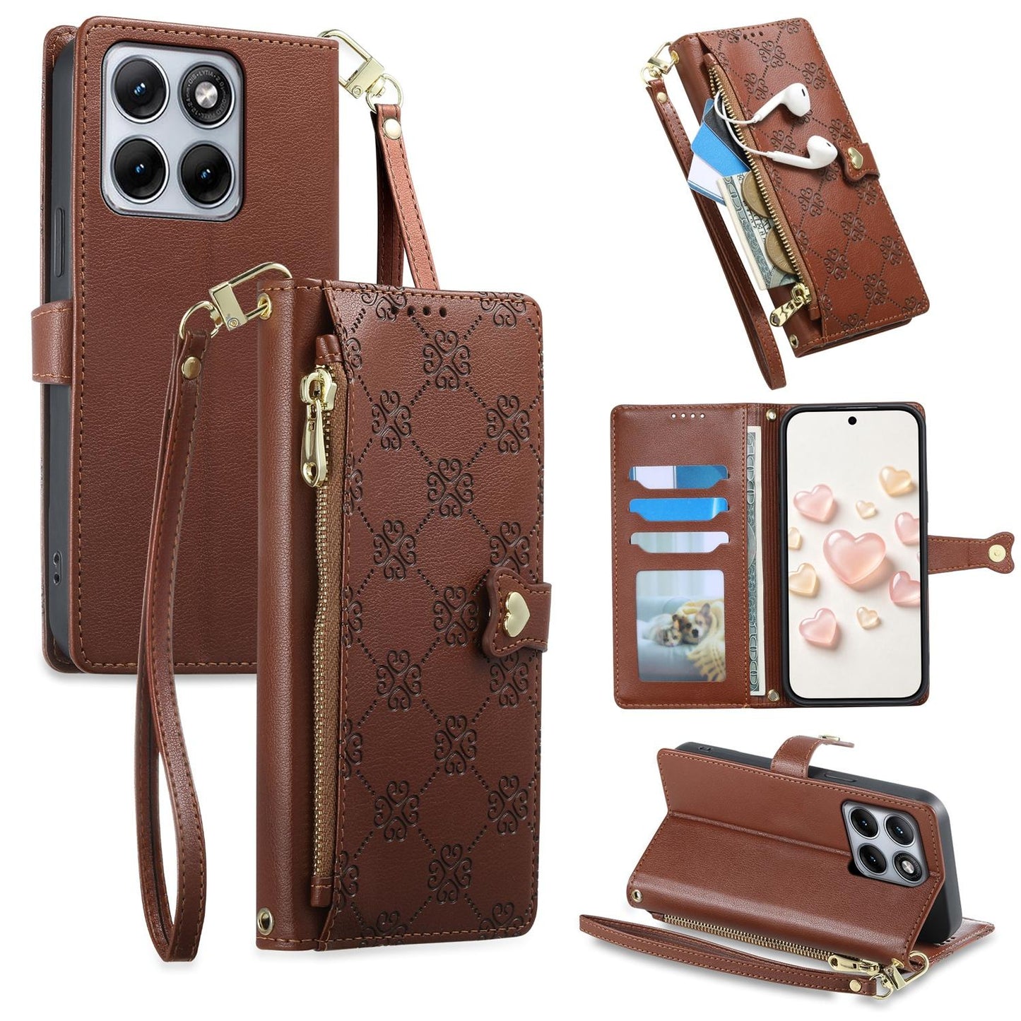 For Motorola Edge 70 Fusion / Edge 70 Fusion+ Zipper Wallet Heart Buckle Vegan Leather Phone Case with Wrist Strap(Brown)