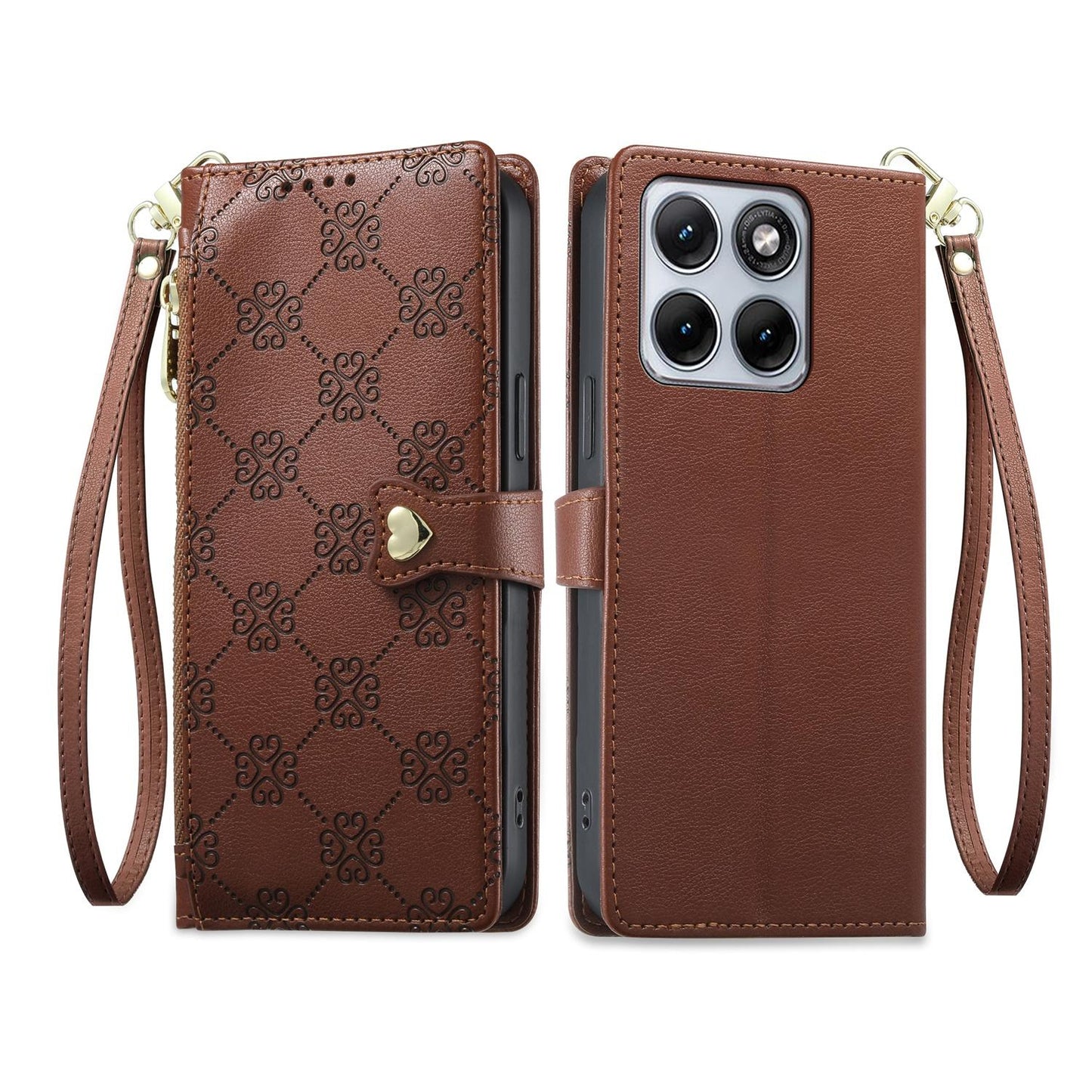 For Motorola Edge 70 Fusion / Edge 70 Fusion+ Zipper Wallet Heart Buckle Vegan Leather Phone Case with Wrist Strap(Brown)