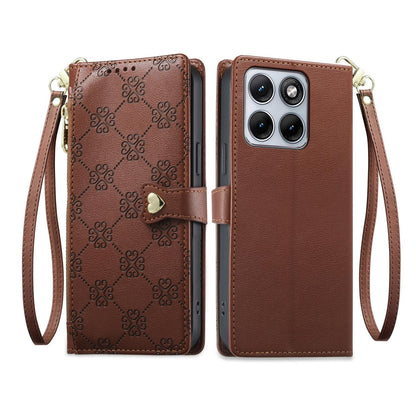 For Motorola Edge 70 Fusion / Edge 70 Fusion+ Zipper Wallet Heart Buckle Vegan Leather Phone Case with Wrist Strap(Brown)