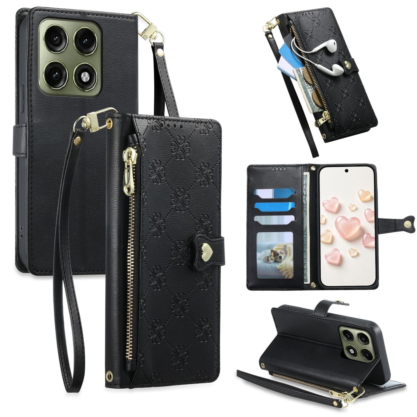 For Motorola Edge 70 Pro 5G Zipper Wallet Heart Buckle Vegan Leather Phone Case with Wrist Strap(Black)