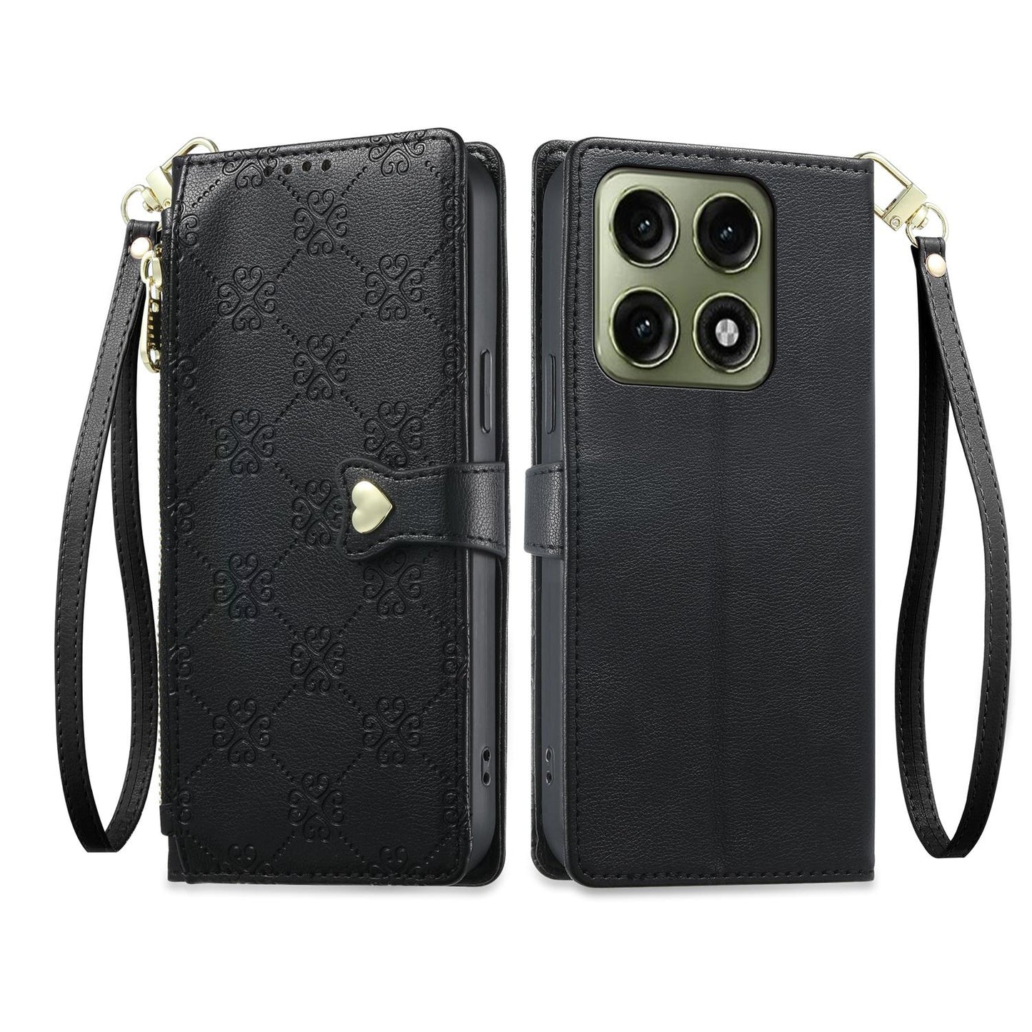 For Motorola Edge 70 Pro 5G Zipper Wallet Heart Buckle Vegan Leather Phone Case with Wrist Strap(Black)