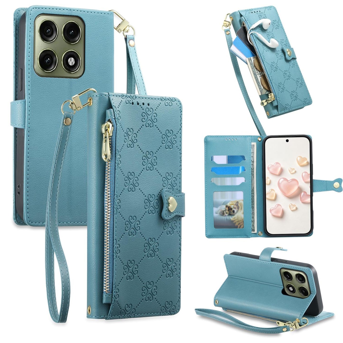 For Motorola Edge 70 Pro 5G Zipper Wallet Heart Buckle Vegan Leather Phone Case with Wrist Strap(Lake Blue)