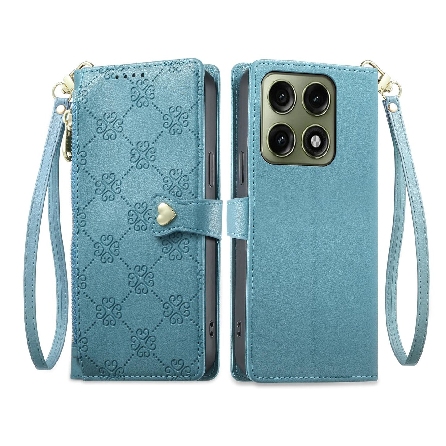 For Motorola Edge 70 Pro 5G Zipper Wallet Heart Buckle Vegan Leather Phone Case with Wrist Strap(Lake Blue)