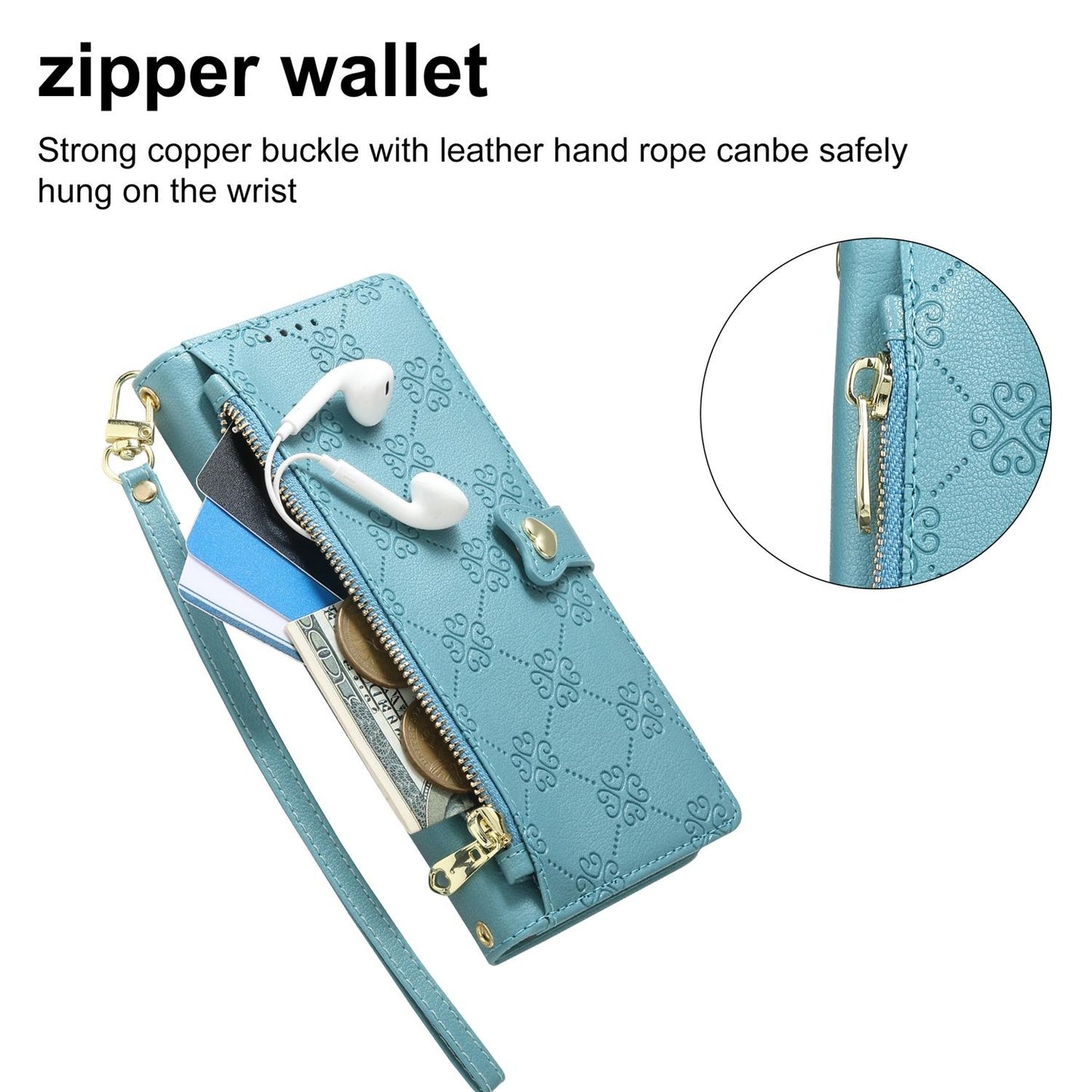 For Motorola Edge 70 Pro 5G Zipper Wallet Heart Buckle Vegan Leather Phone Case with Wrist Strap(Lake Blue)