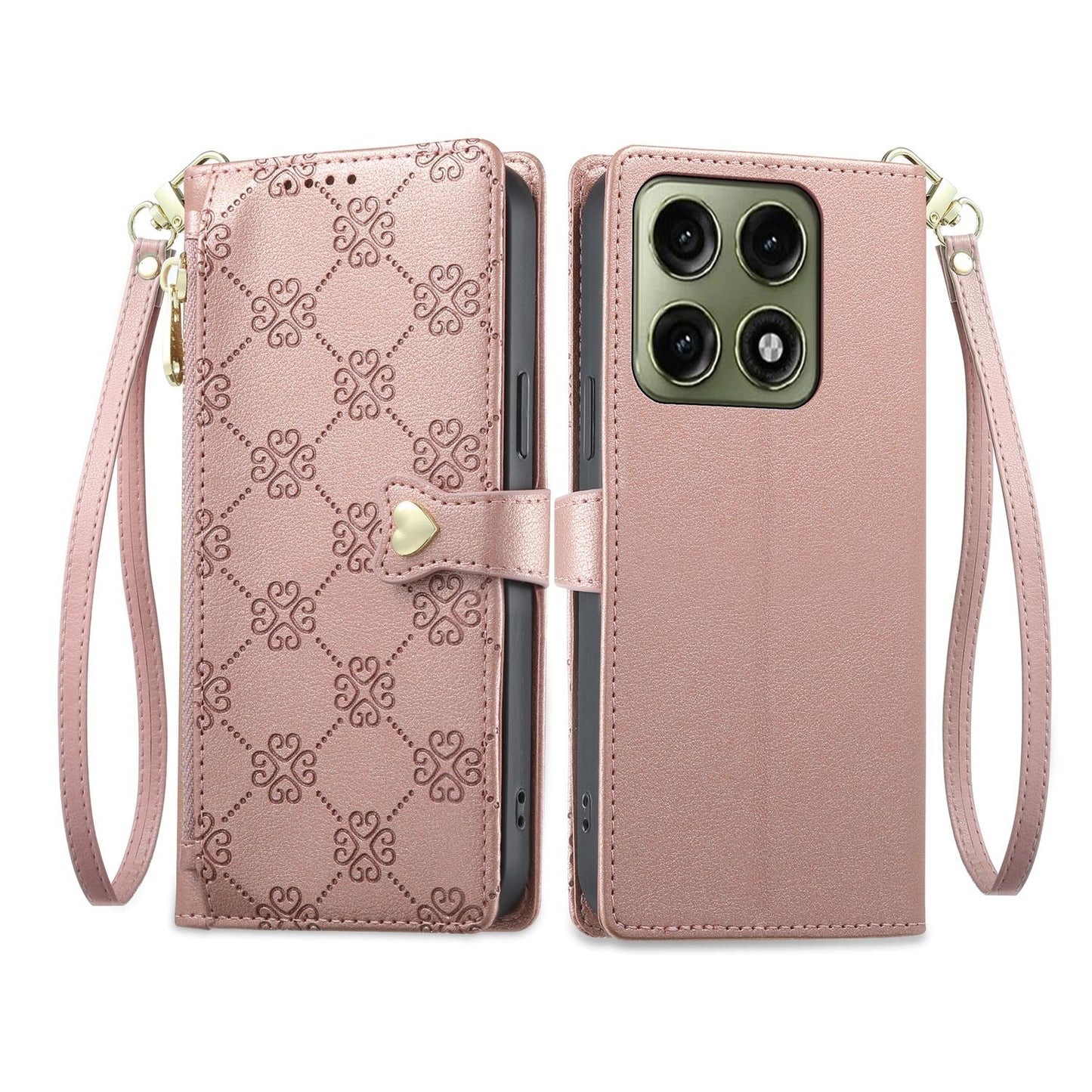 For Motorola Edge 70 Pro 5G Zipper Wallet Heart Buckle Vegan Leather Phone Case with Wrist Strap(Pink)