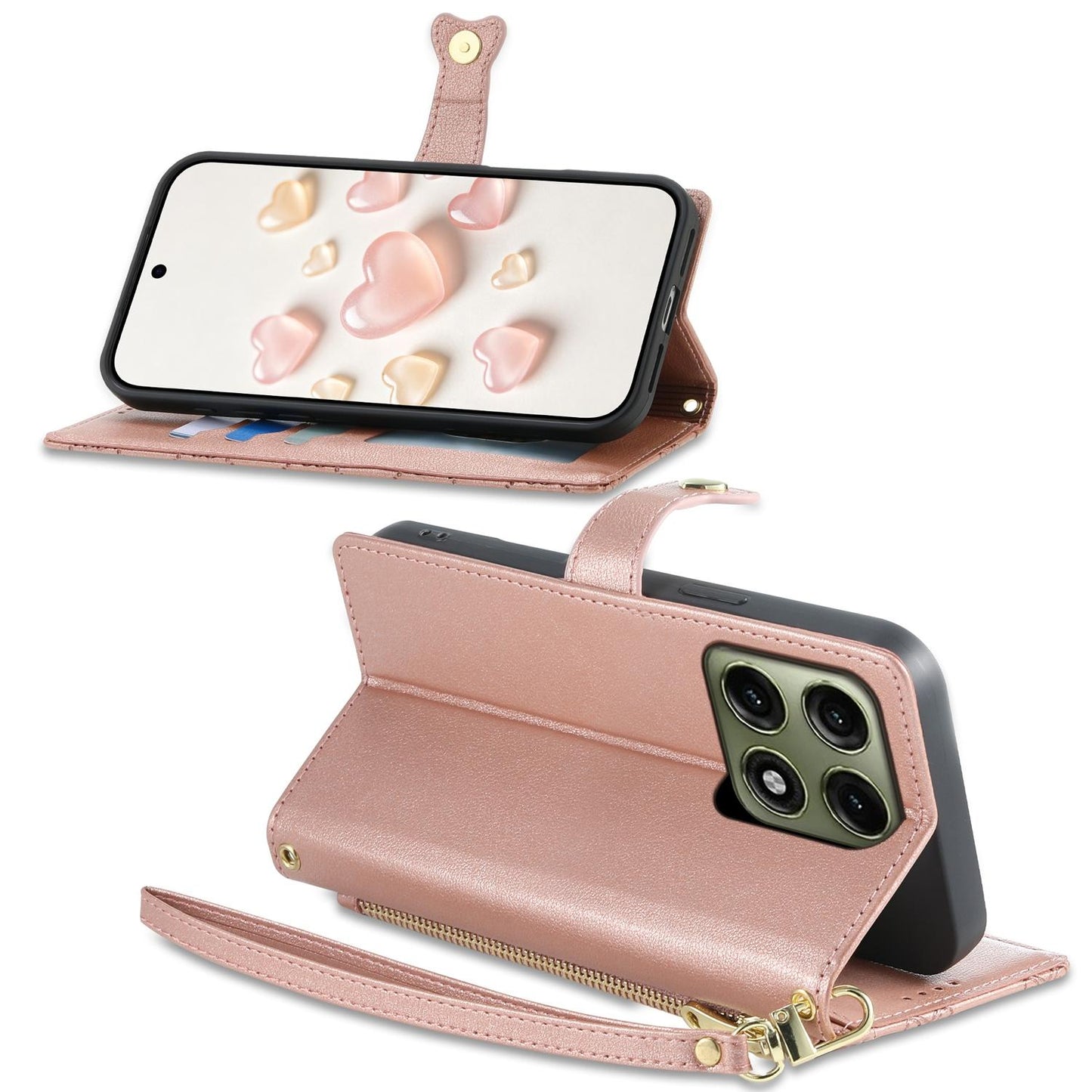 For Motorola Edge 70 Pro 5G Zipper Wallet Heart Buckle Vegan Leather Phone Case with Wrist Strap(Pink)