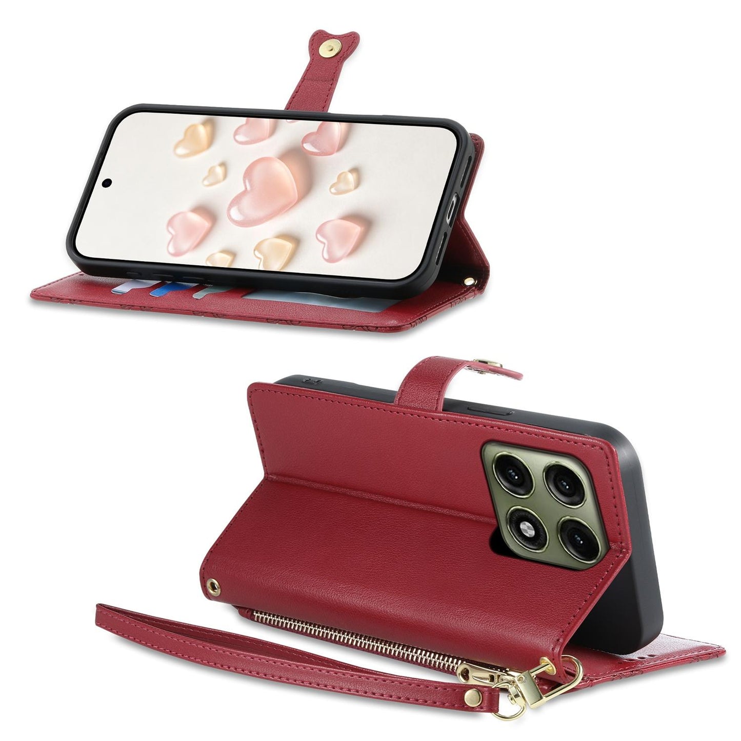 For Motorola Edge 70 Pro 5G Zipper Wallet Heart Buckle Vegan Leather Phone Case with Wrist Strap(Red)