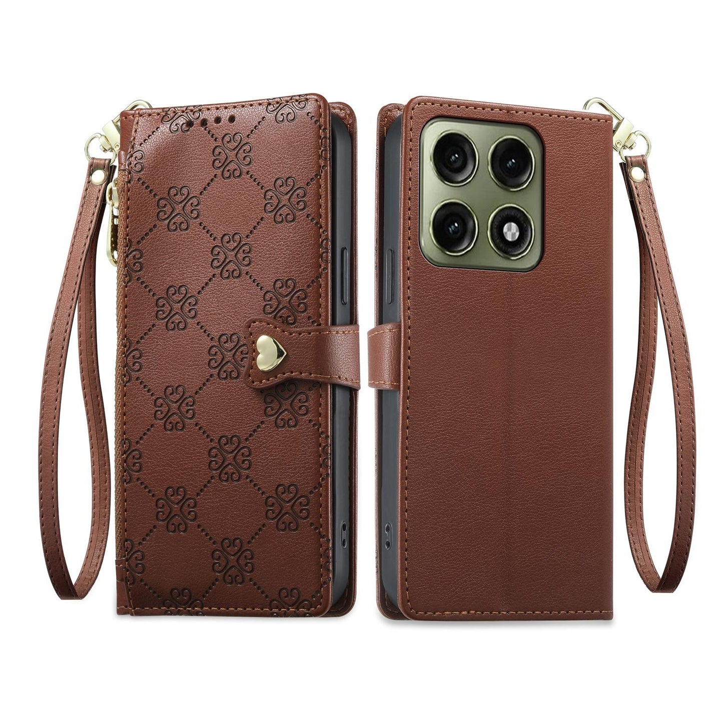 For Motorola Edge 70 Pro 5G Zipper Wallet Heart Buckle Vegan Leather Phone Case with Wrist Strap(Brown)